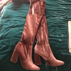 Pink velvet thigh high boots
